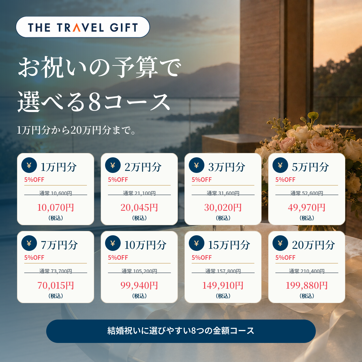結婚祝い専用宿泊券 8コースと5%OFF価格