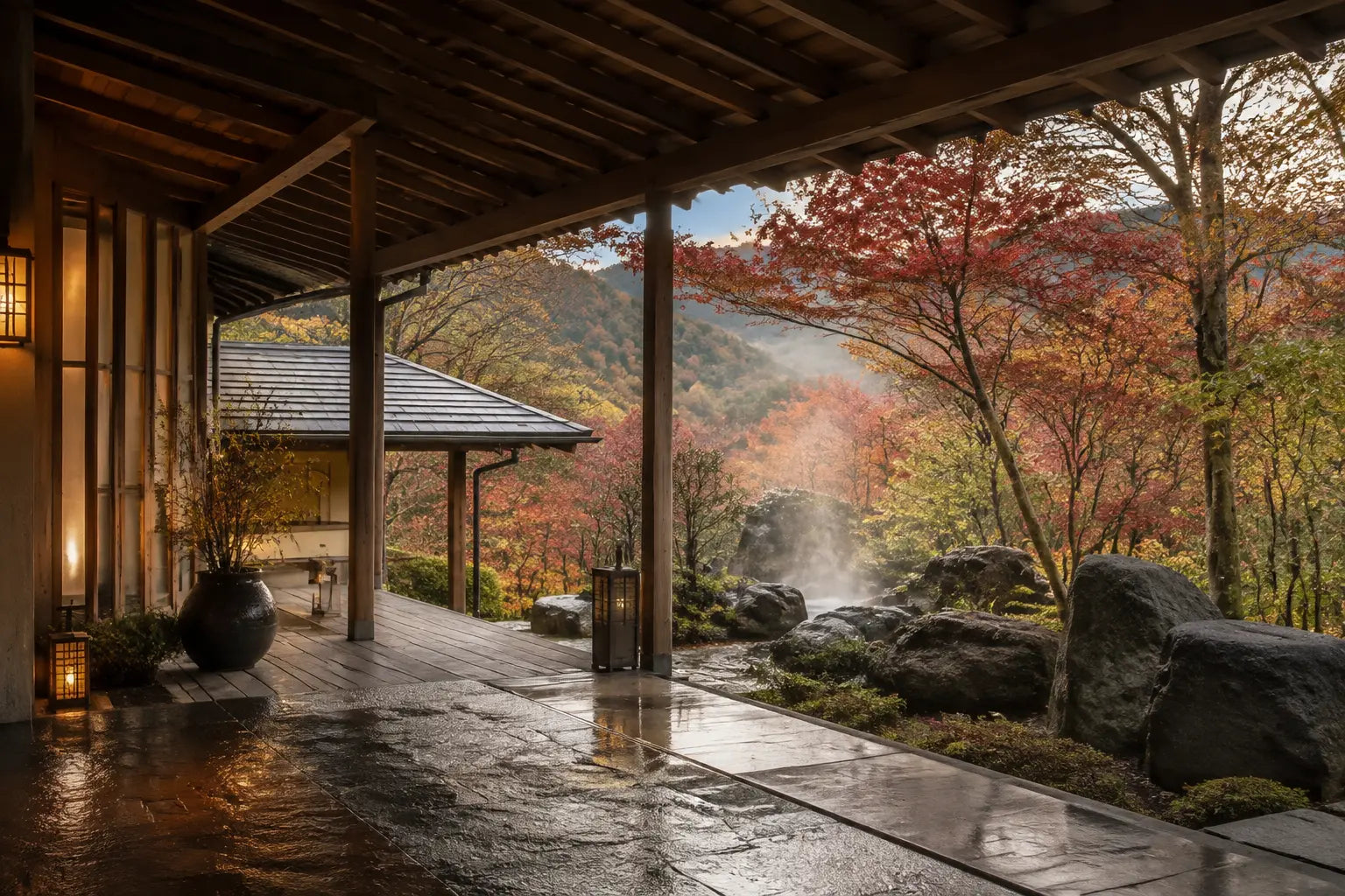 紅葉に包まれた温泉旅館のイメージ